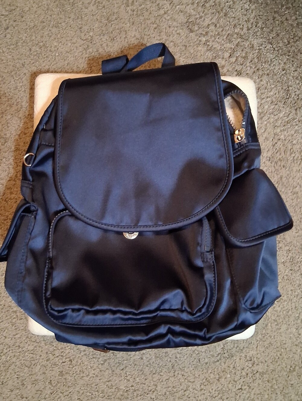 Kipling City Pack Backpack, satin navy blue nylon finish, Polished metal zippers
